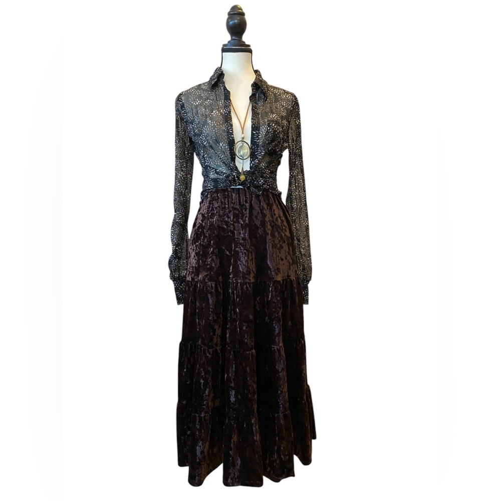 Chocolate Brown Velour Tiered Maxi Skirt Size L Petite Boho Dark Academia